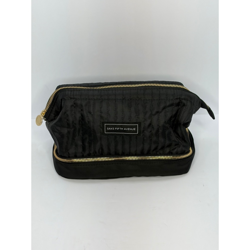 Saks Fifth Avenue Black Quilted Nylon Cosmetic Travel Bag Gold Tone Hardware